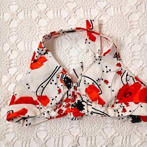 Vtg 70s Halter Top Shirt White Black Orange Floral Padded Bow Medium Large Women